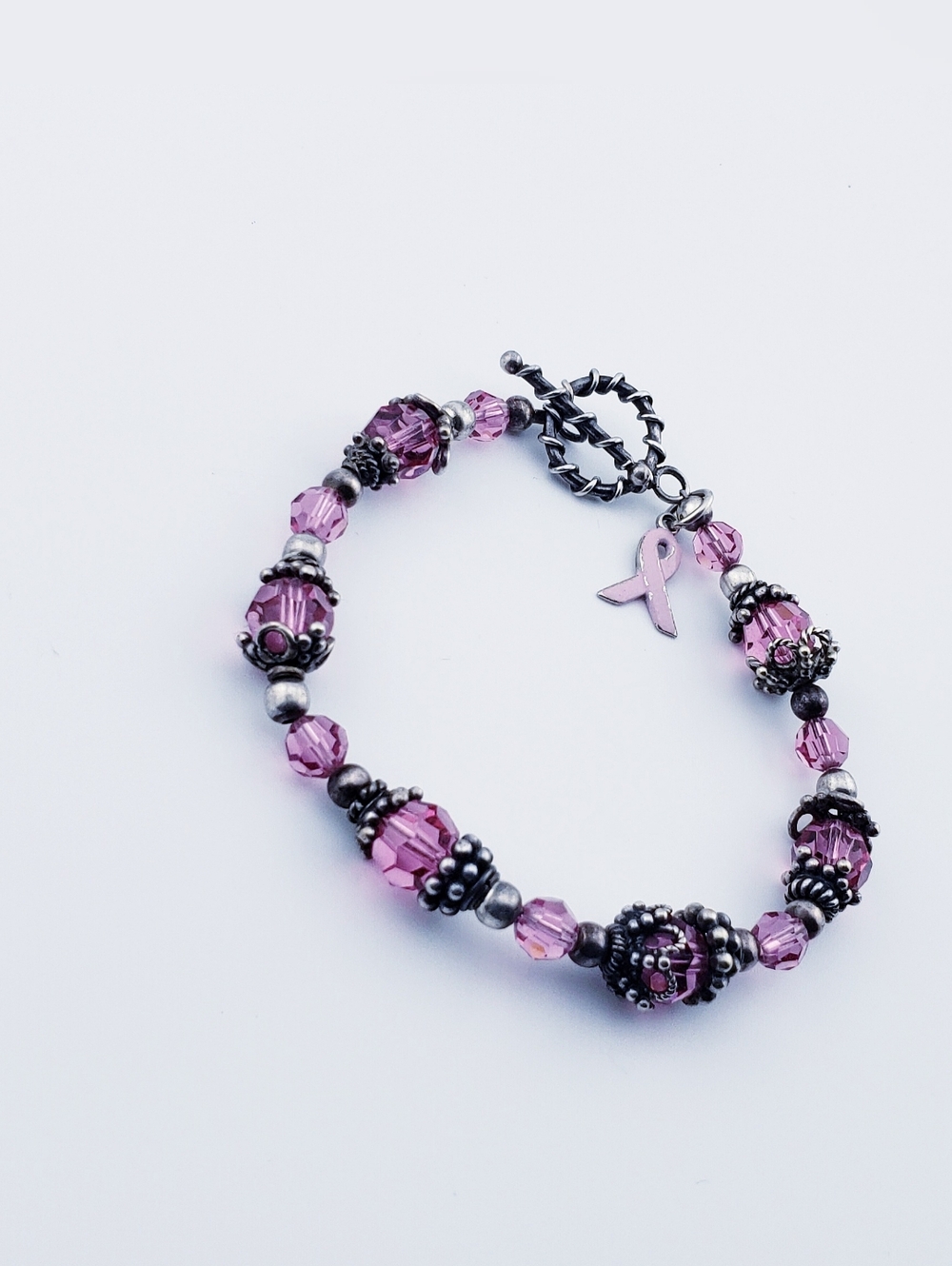 Beautiful Pink Glass Crystal Breast Cancer Awareness Ribbon Bracelet - Picture 5 of 6